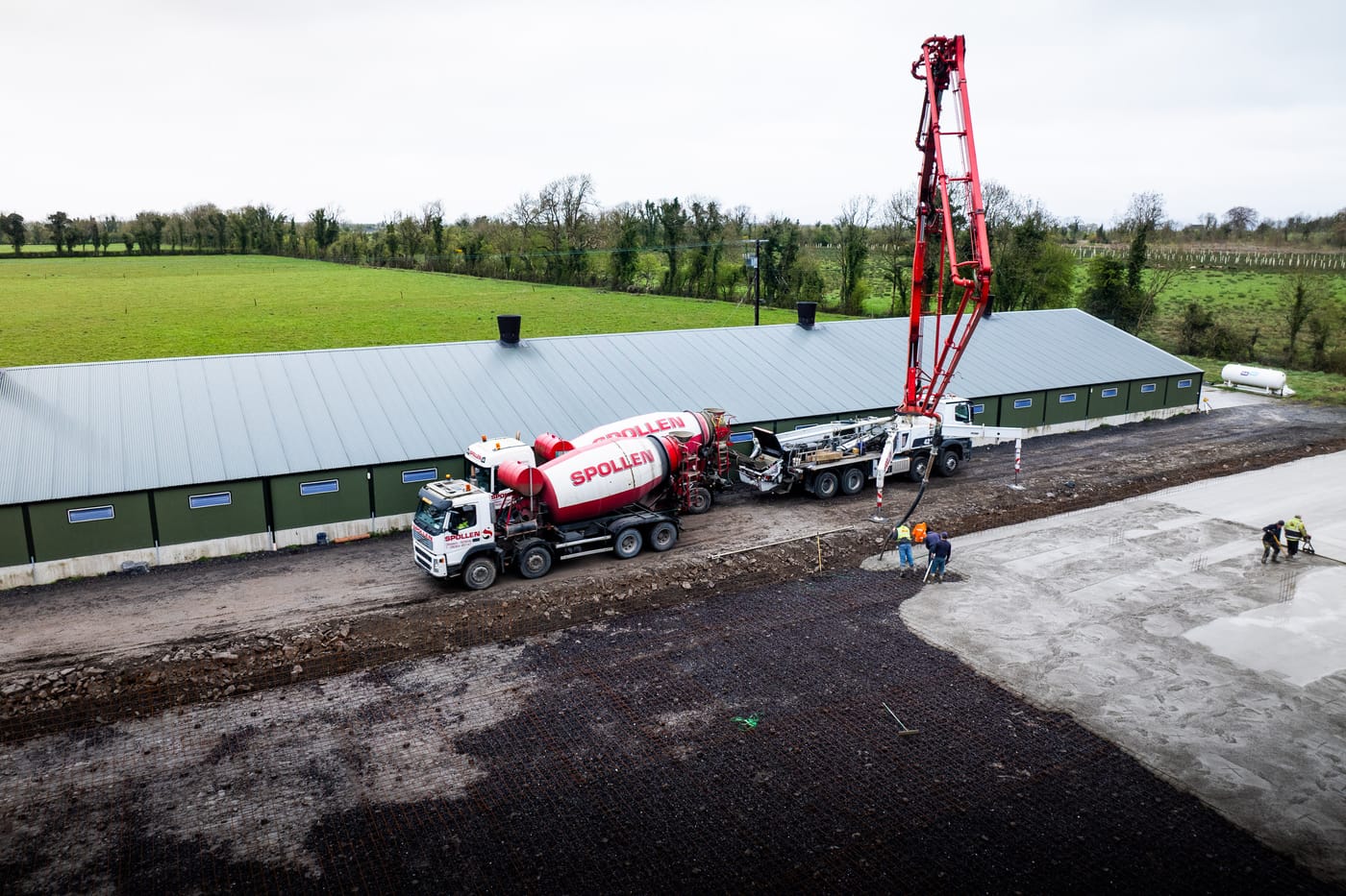 Aerial view of Spollen Concrete's Glasson plant with mixer and boom pump on site in the Irish Midlands