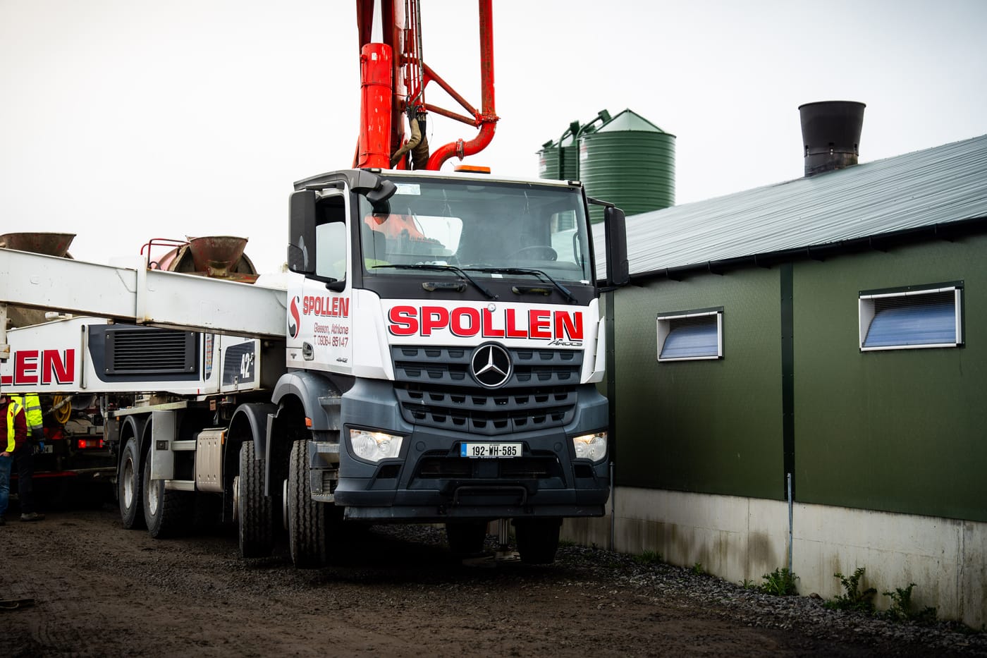 Mercedes Arocs concrete pump truck operated by Spollen Concrete at the Glasson plant