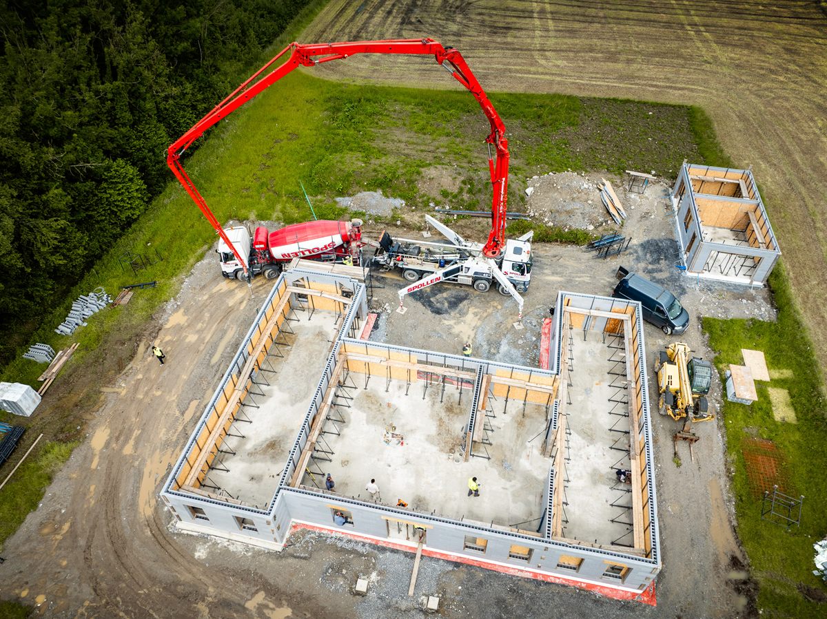 Top-down drone view of the ICF home foundation pour