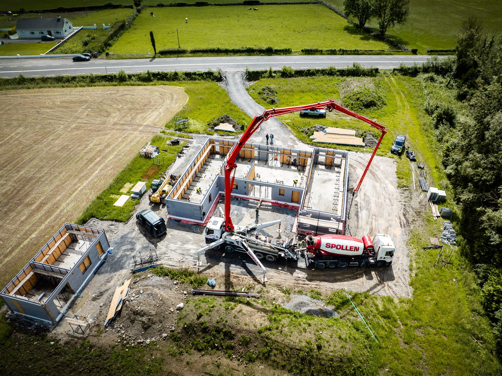 Aerial wide-shot of the Ballinasloe ICF home build with Spollen boom pump on site