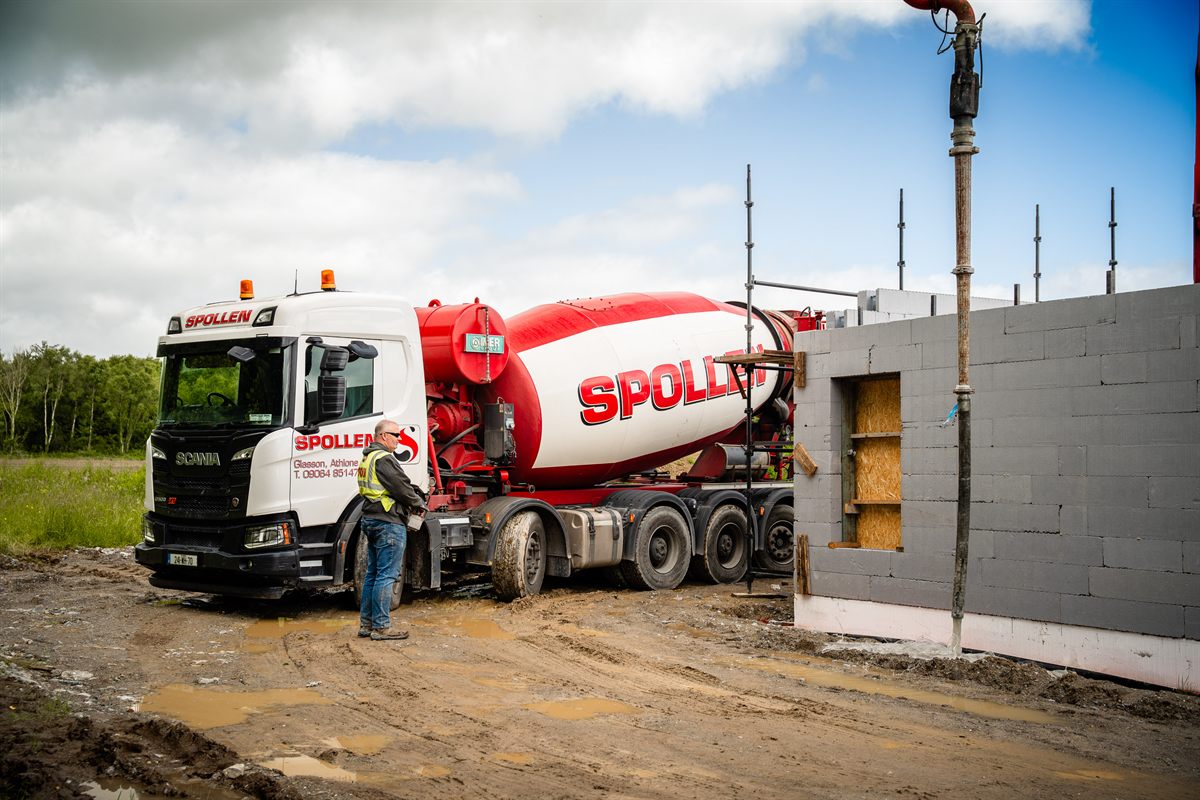 Spollen mixer alongside the ICF walls of the Ballinasloe house