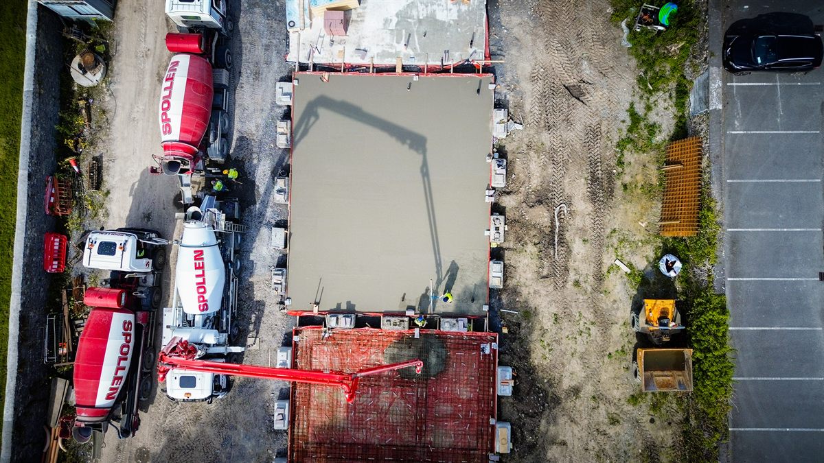 Top-down view of a finished concrete floor slab in Moate