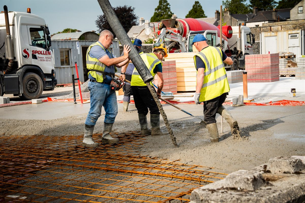 Concrete pumping over rebar on a Moate town-centre slab